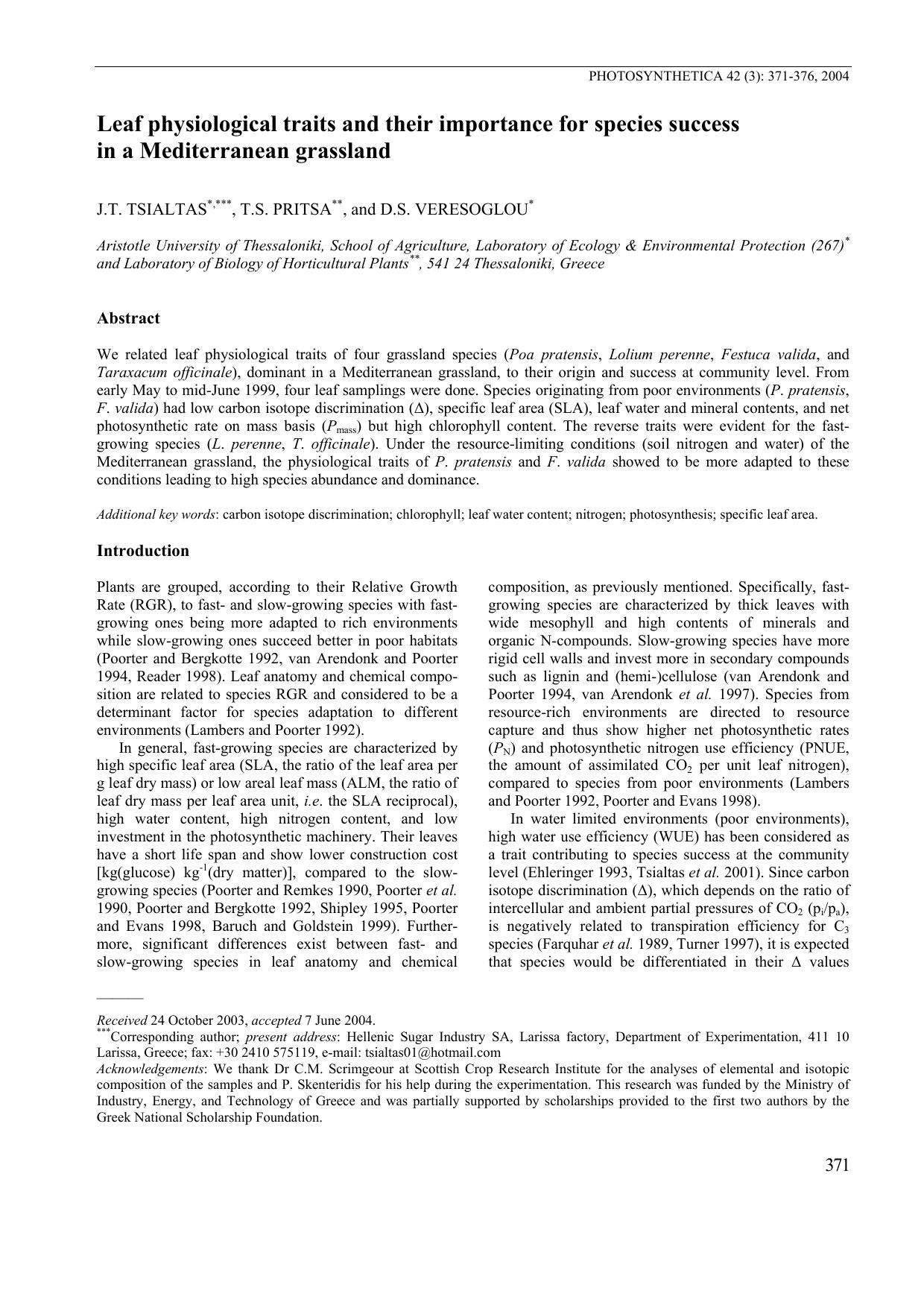 Leaf Physiological Traits and their Importance for Species Success in a Mediterranean Grassland by Unknown