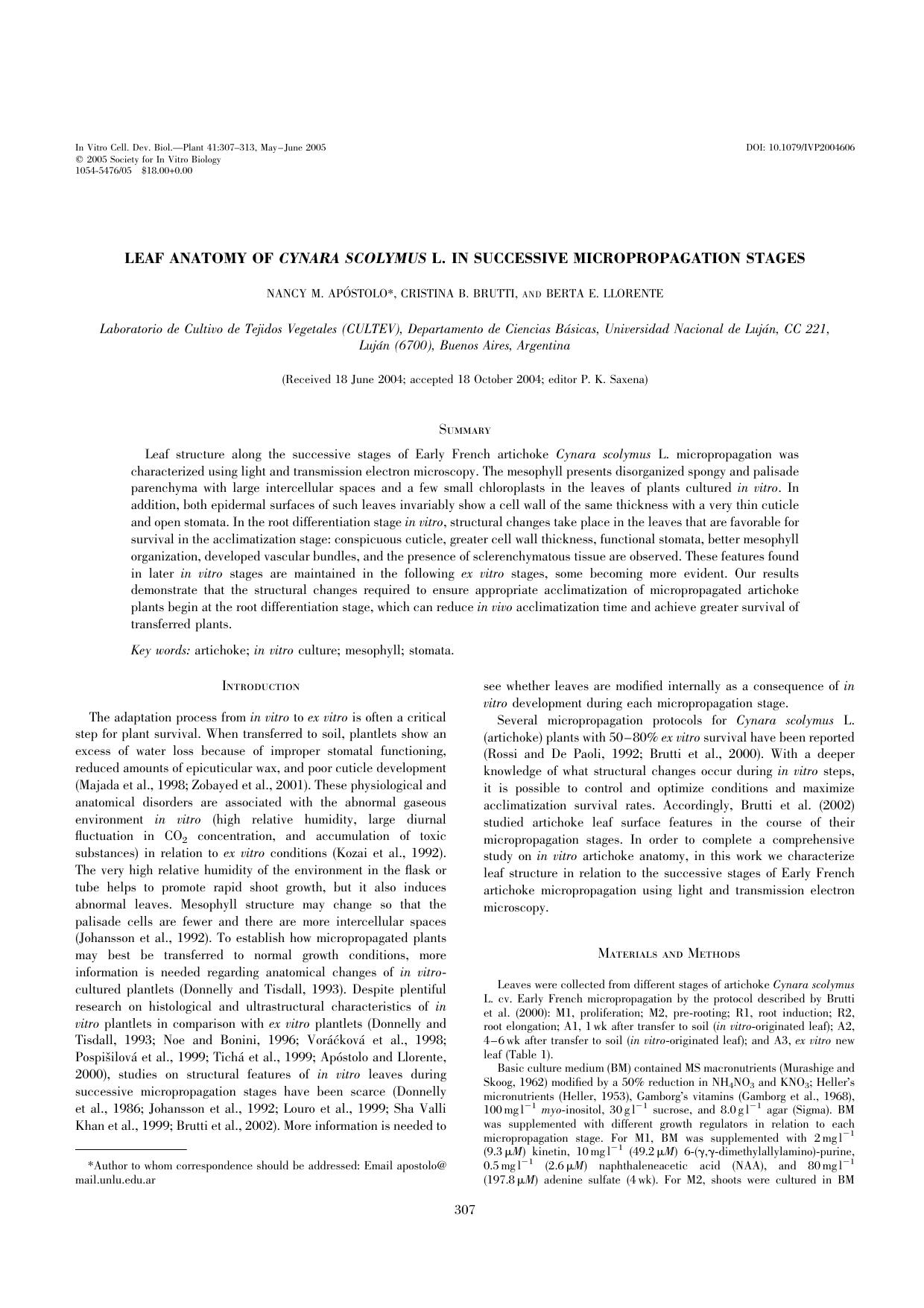 Leaf anatomy of <Emphasis Type="Italic">Cynara scolymus <Emphasis> L. in successive micropropagation stages by Unknown