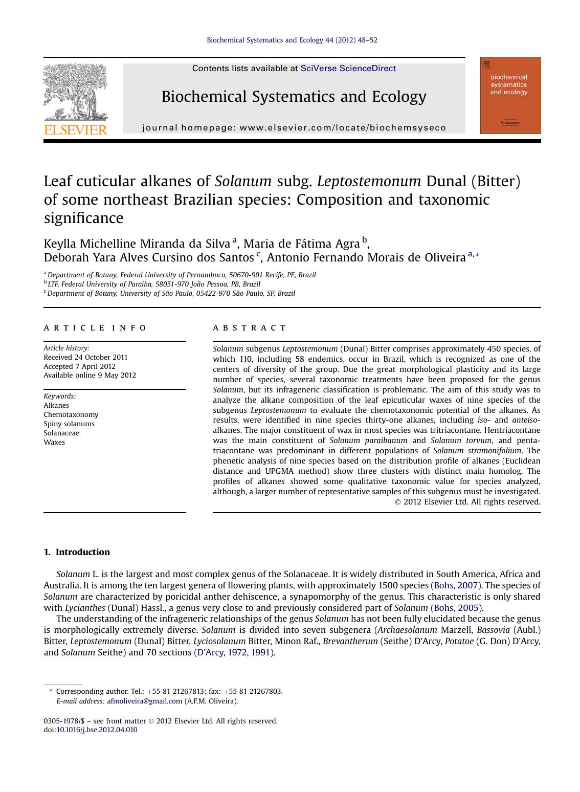 Leaf cuticular alkanes of Solanum subg. Leptostemonum Dunal (Bitter) of some northeast Brazilian species: Composition and taxonomic significance by unknow