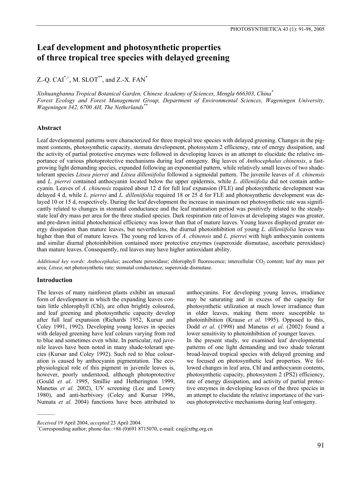 Leaf development and photosynthetic properties of three tropical tree species with delayed greening by Unknown