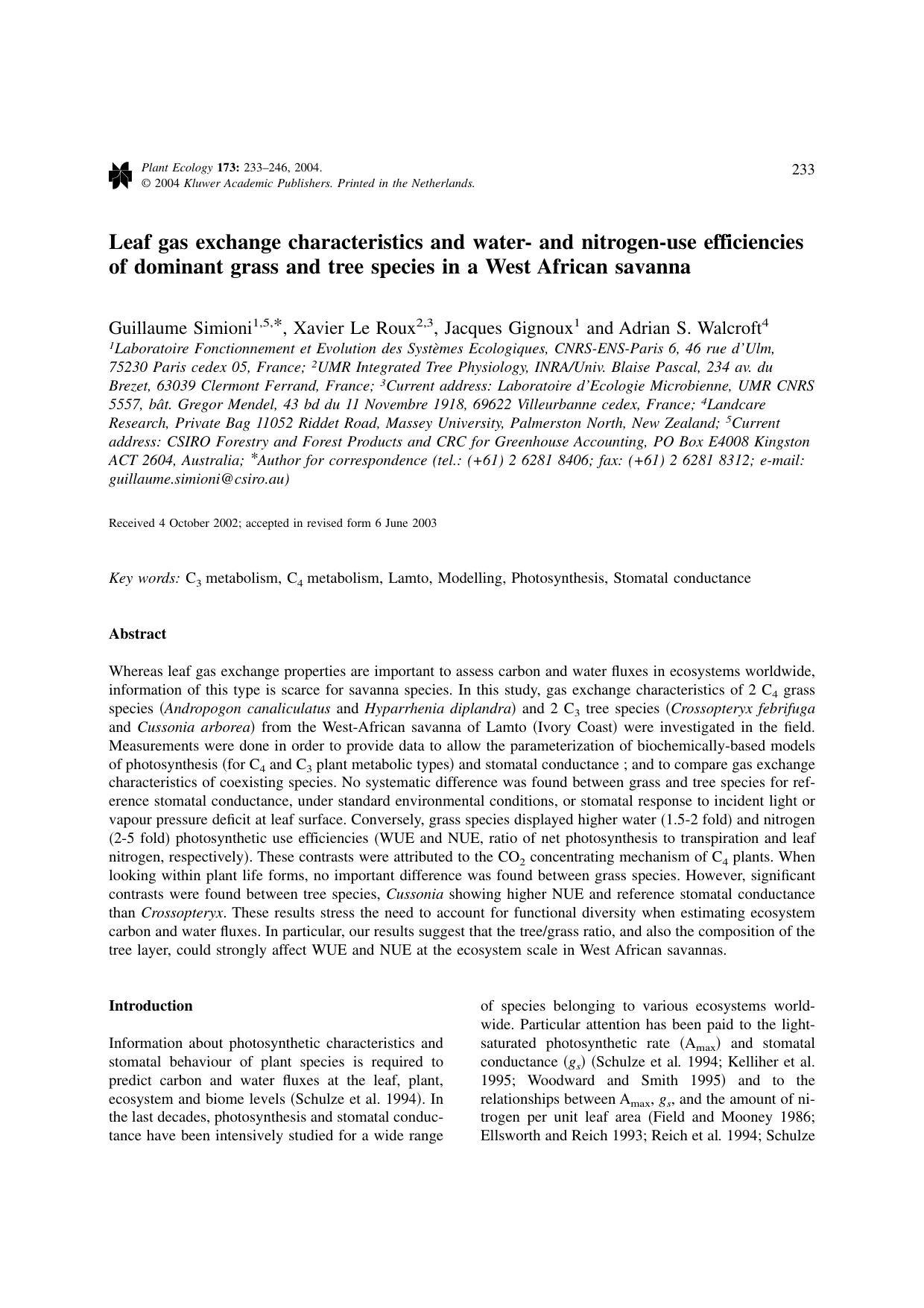 Leaf gas exchange characteristics and water- and nitrogen-use efficiencies of dominant grass and tree species in a West African savanna by Unknown