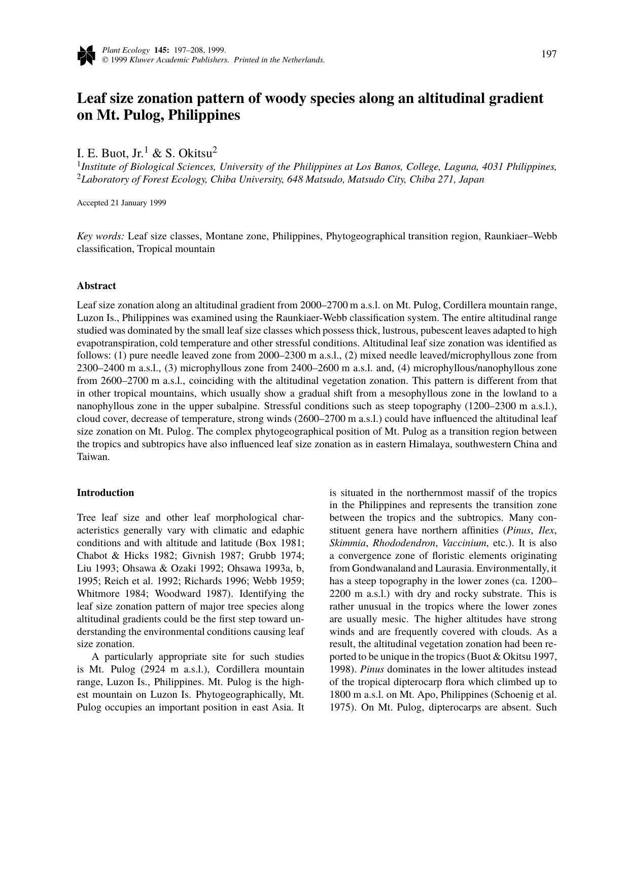 Leaf size zonation pattern of woody species along an altitudinal gradient on Mt. Pulog, Philippines by Unknown