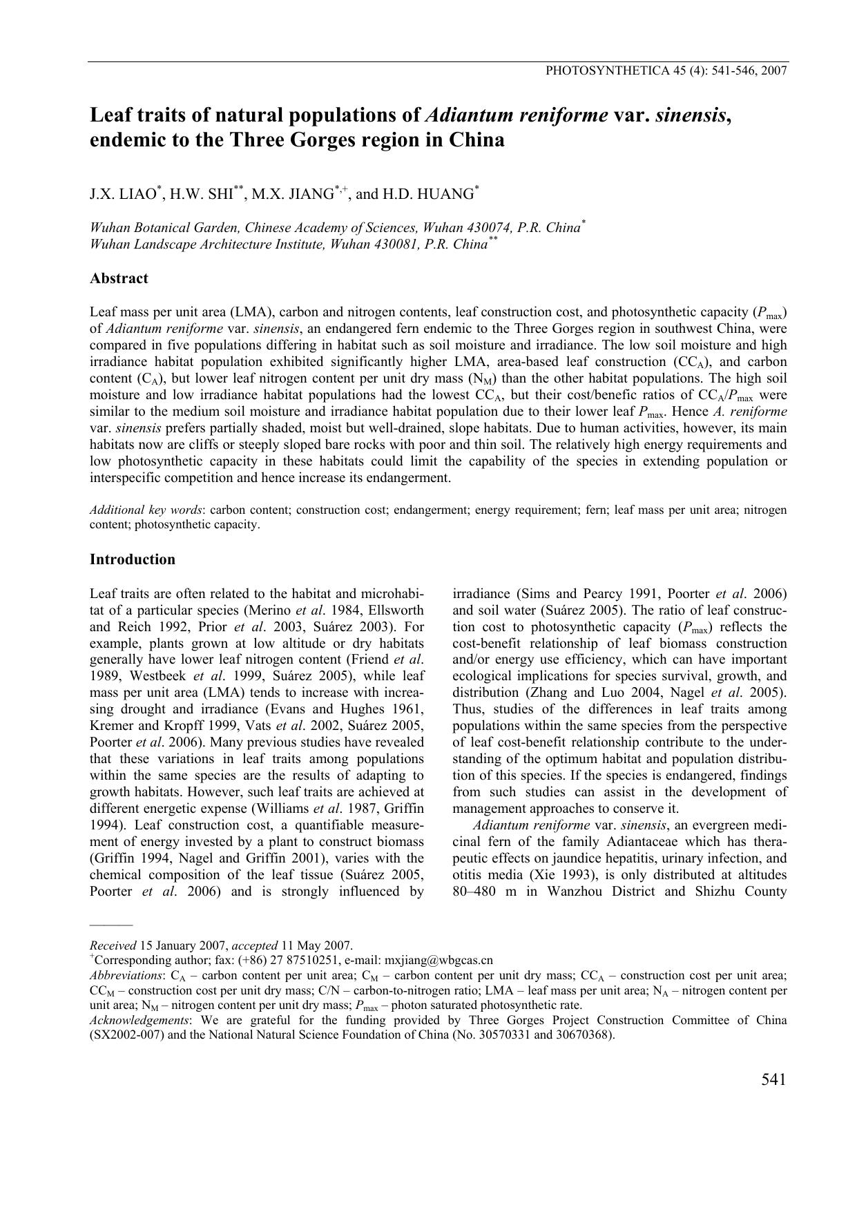 Leaf traits of natural populations of <Emphasis Type="Italic">Adiantum reniforme<Emphasis> var. <Emphasis Type="Italic">sinensis<Emphasis>, endemic to the Three Gorges region in China by Unknown
