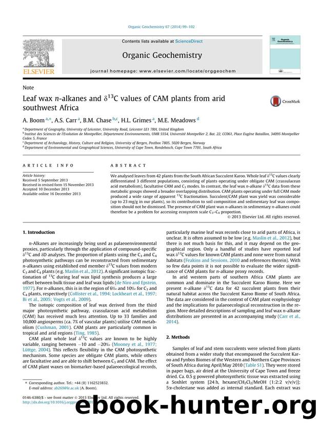 Leaf wax n-alkanes and ÃÂ´13C values of CAM plants from arid southwest Africa by A. Boom & A.S. Carr & B.M. Chase & H.L. Grimes & M.E. Meadows