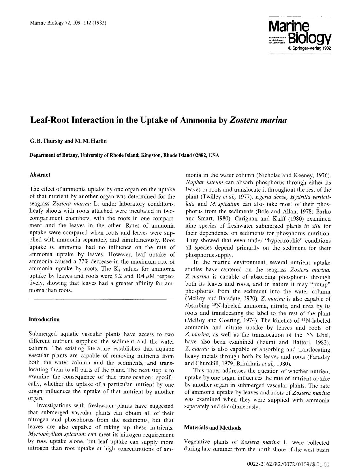 Leaf-root interaction in the uptake of ammonia by <Emphasis Type="Italic">Zostera marina<Emphasis> by Unknown