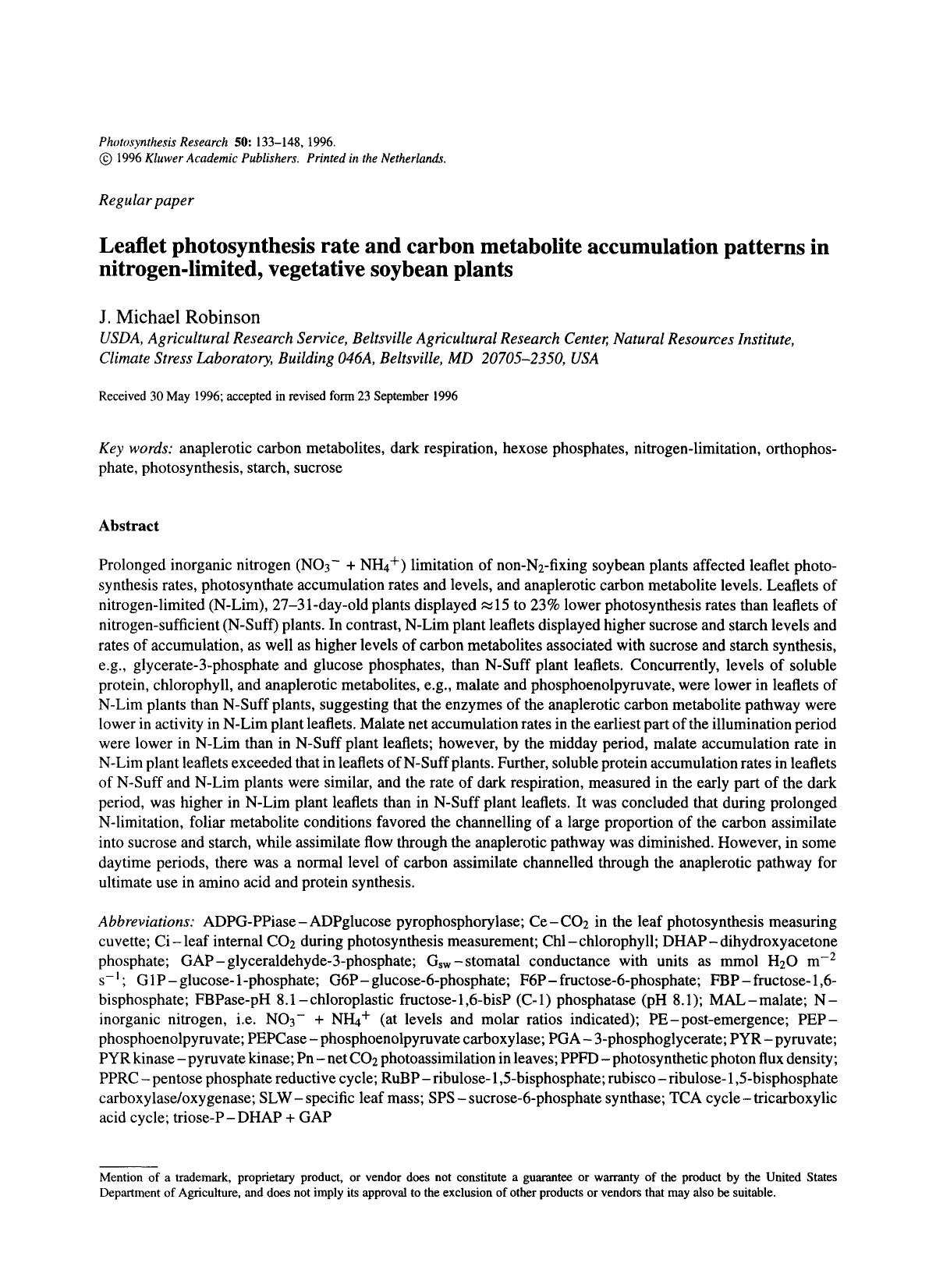 Leaflet photosynthesis rate and carbon metabolite accumulation patterns in nitrogen-limited, vegetative soybean plants by Unknown