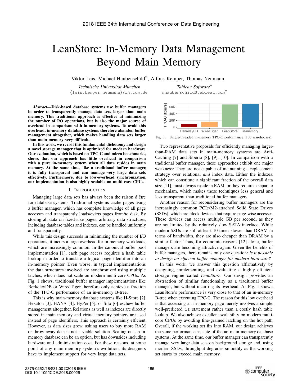 LeanStore: In-Memory Data Management beyond Main Memory [article] by Viktor Leis et al