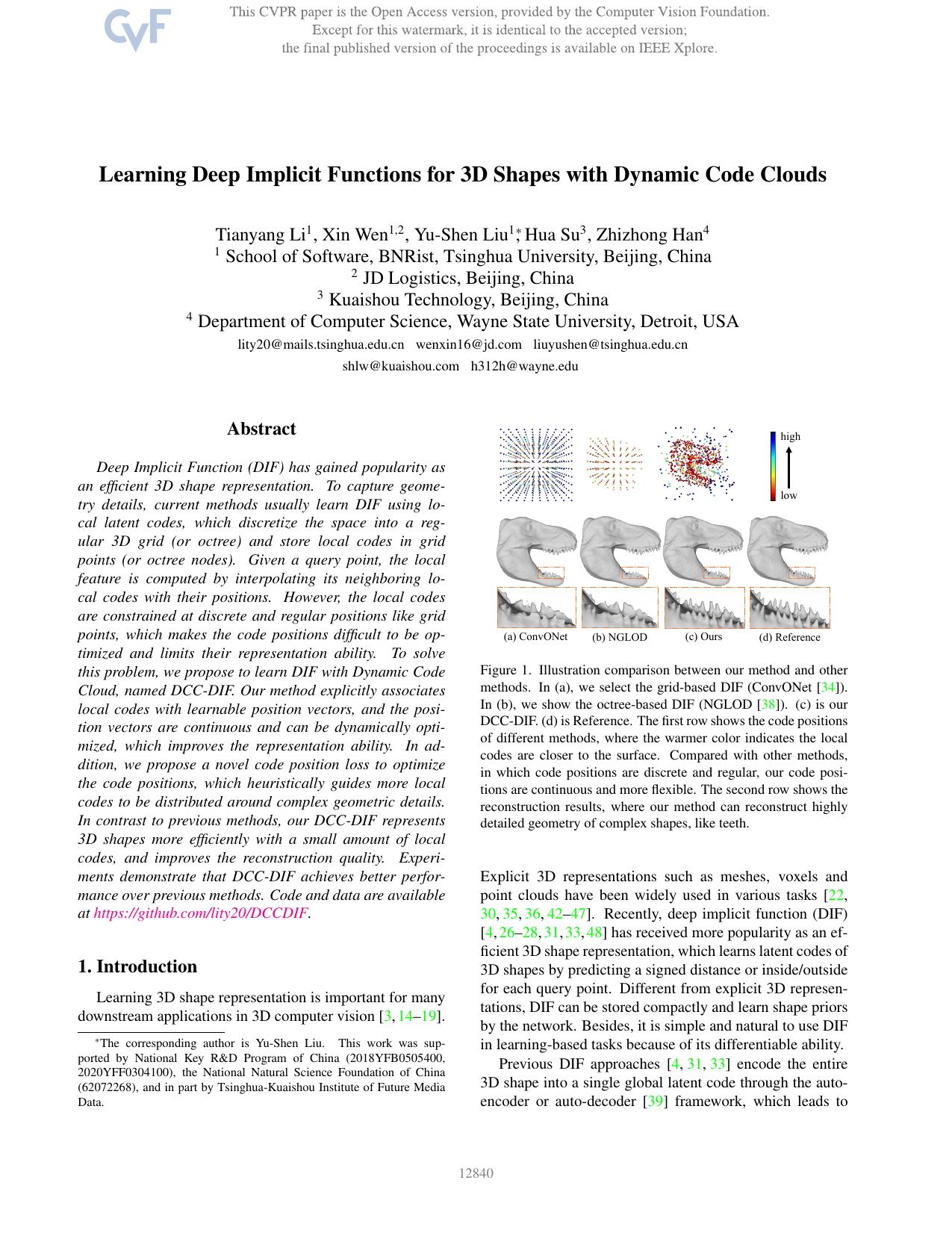 Learning Deep Implicit Functions for 3D Shapes With Dynamic Code Clouds by Tianyang Li & Xin Wen & Yu-Shen Liu & Hua Su & Zhizhong Han