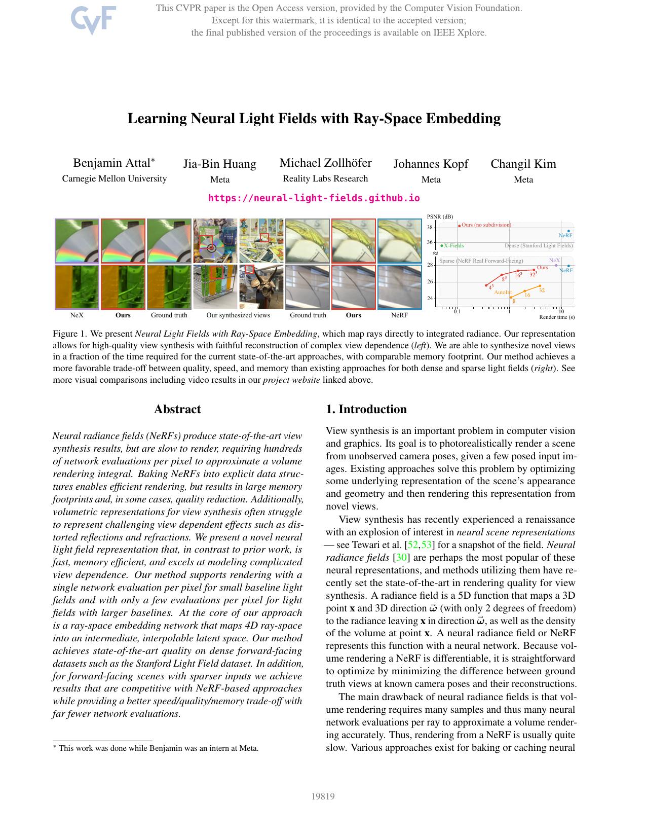 Learning Neural Light Fields With Ray-Space Embedding by Benjamin Attal & Jia-Bin Huang & Michael Zollhofer & Johannes Kopf & Changil Kim
