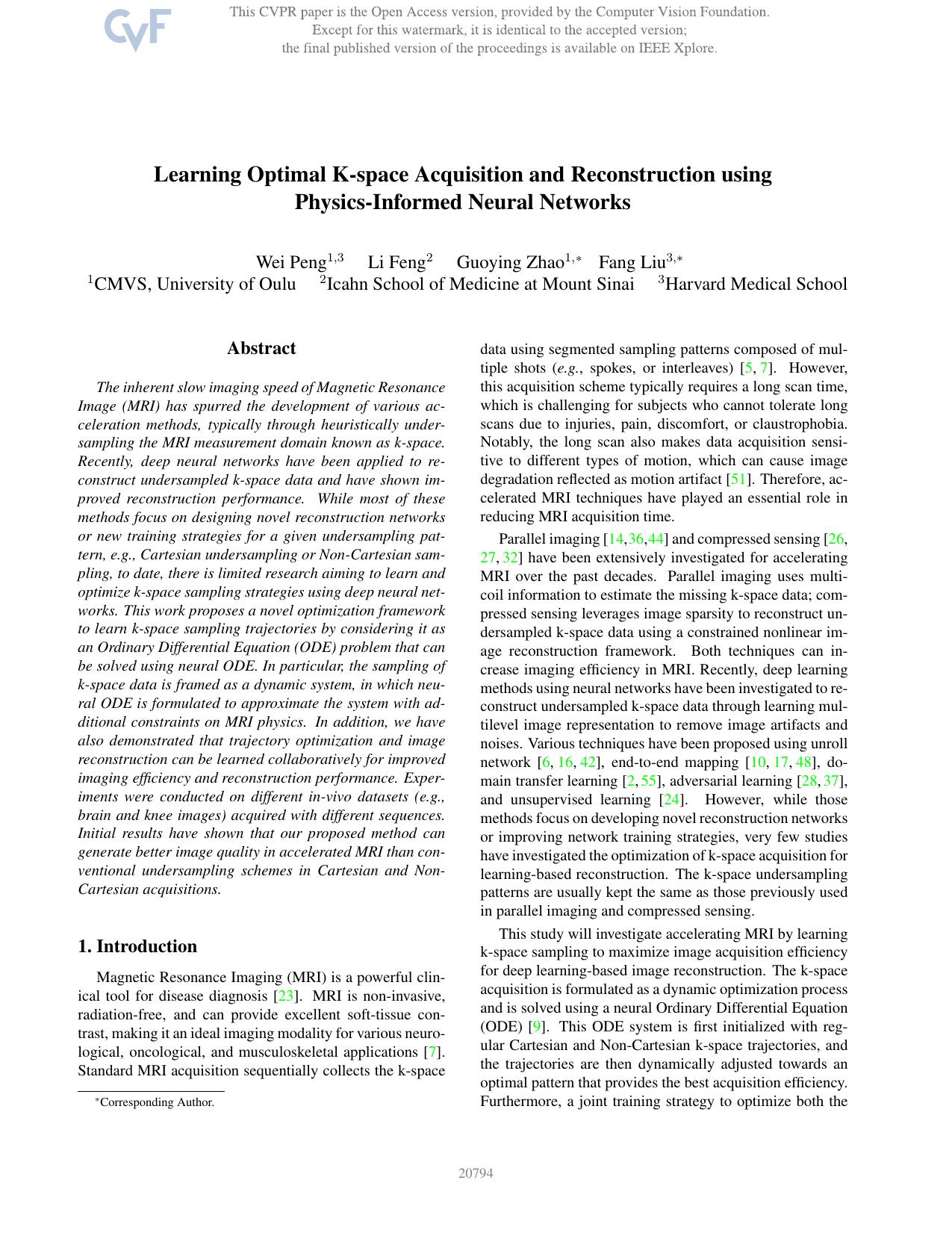 Learning Optimal K-Space Acquisition and Reconstruction Using Physics-Informed Neural Networks by Wei Peng & Li Feng & Guoying Zhao & Fang Liu