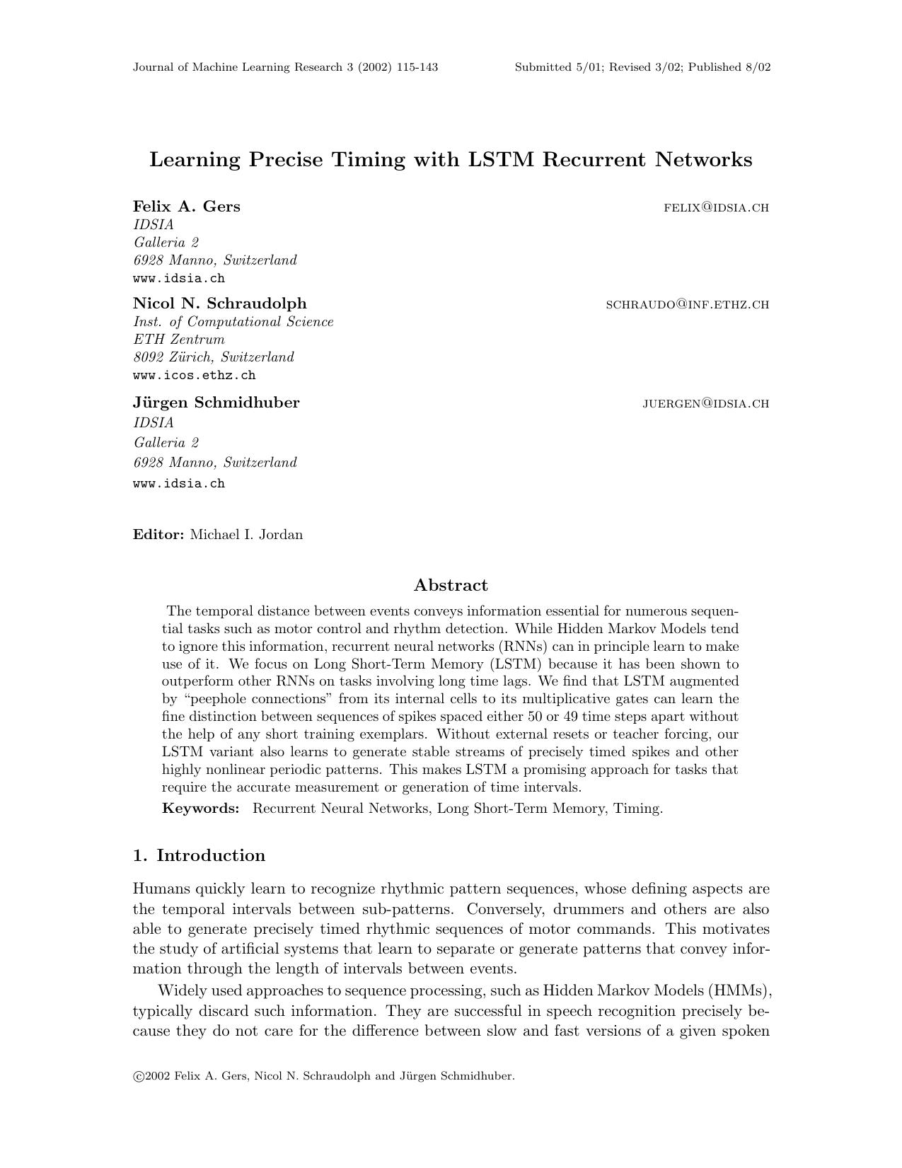 Learning Precise Timing with LSTM Recurrent Networks by Unknown