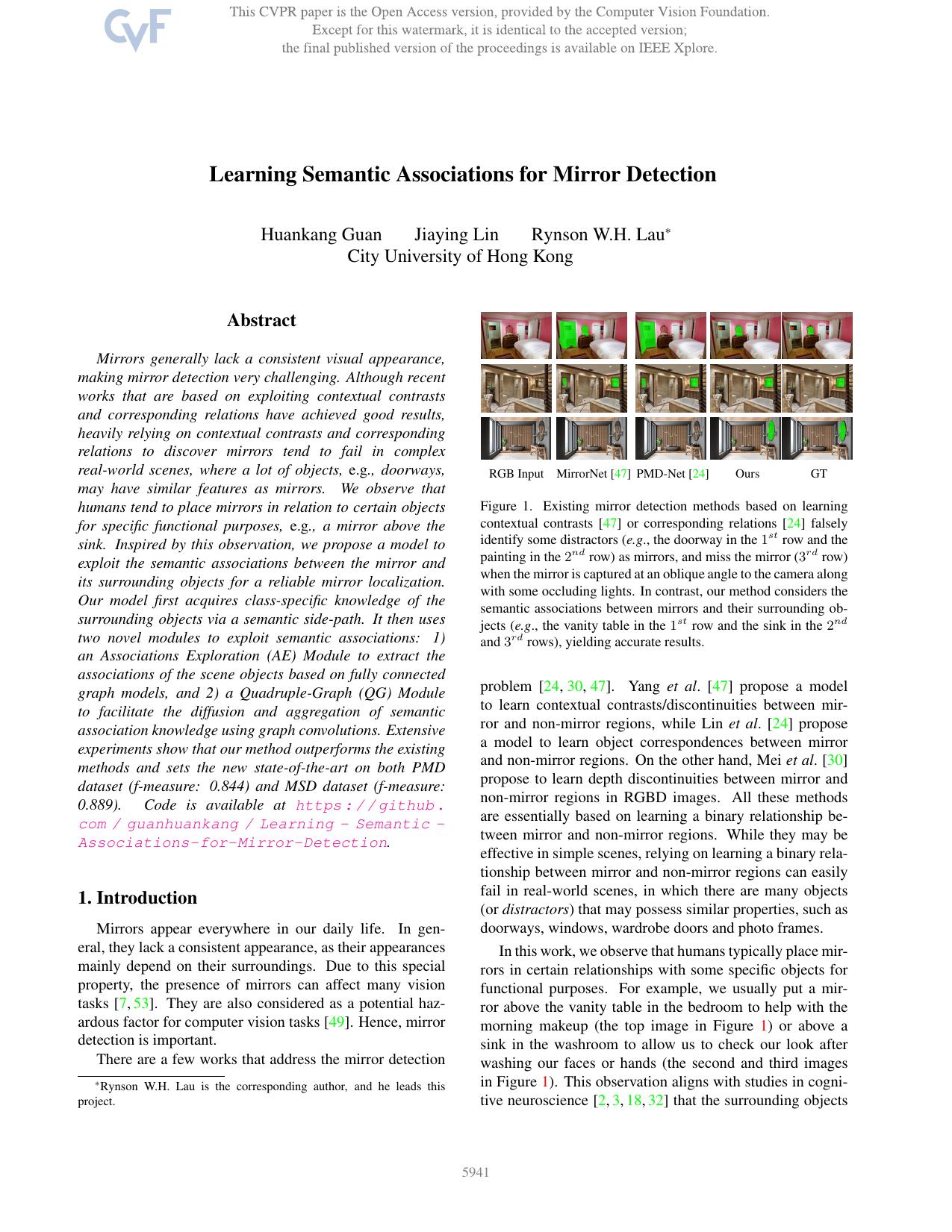 Learning Semantic Associations for Mirror Detection by Huankang Guan & Jiaying Lin & Rynson W.H. Lau