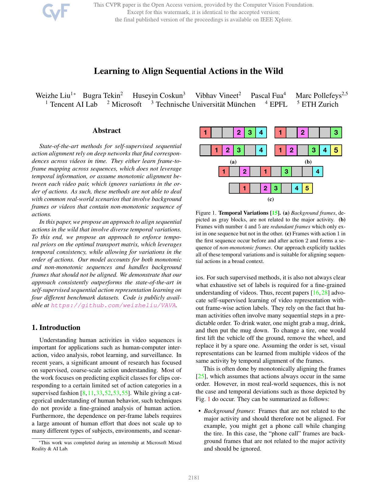 Learning To Align Sequential Actions in the Wild by Weizhe Liu & Bugra Tekin & Huseyin Coskun & Vibhav Vineet & Pascal Fua & Marc Pollefeys