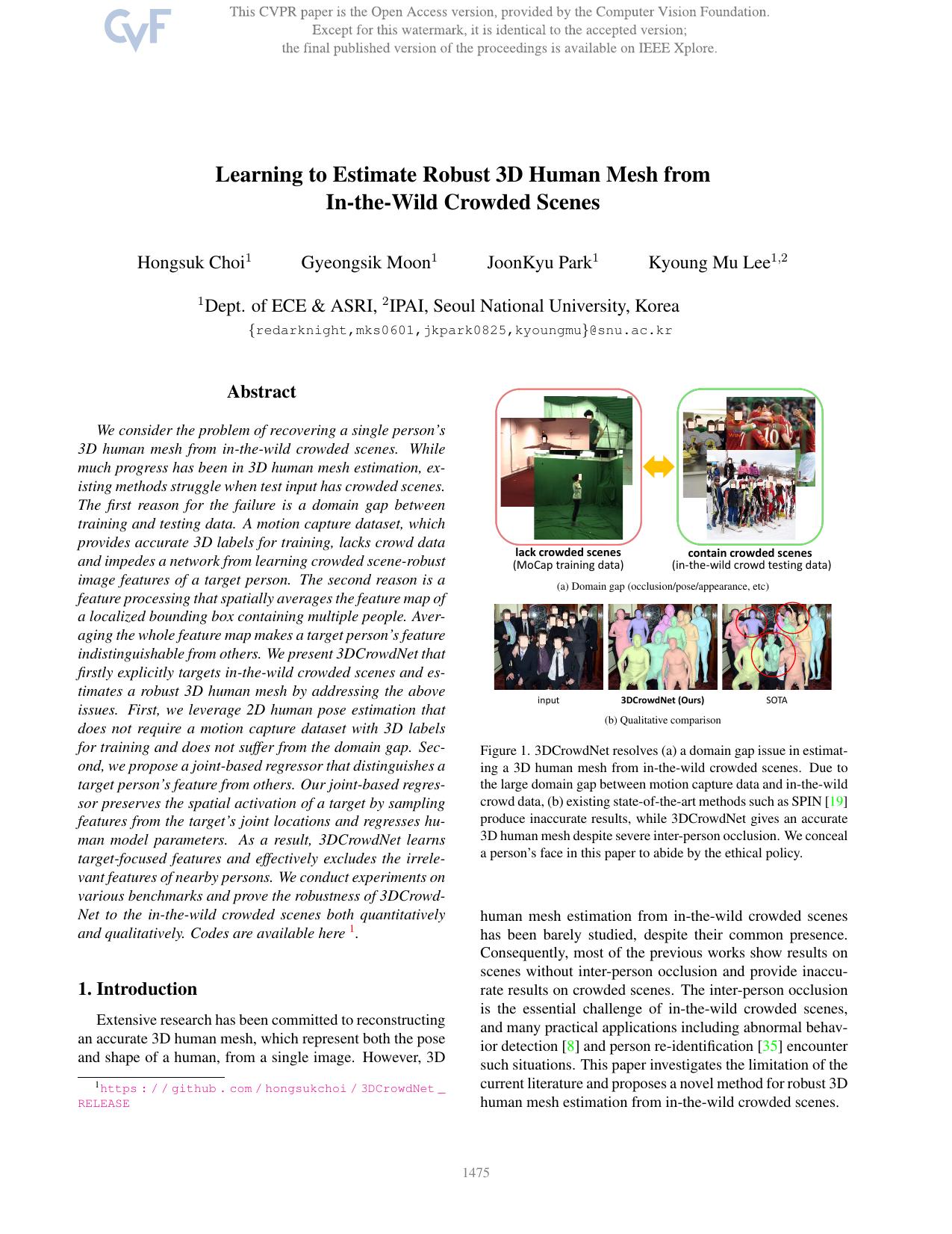 Learning To Estimate Robust 3D Human Mesh From In-the-Wild Crowded Scenes by Hongsuk Choi & Gyeongsik Moon & JoonKyu Park & Kyoung Mu Lee