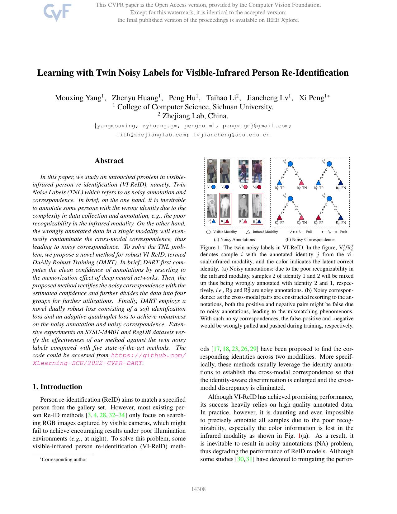 Learning With Twin Noisy Labels for Visible-Infrared Person Re-Identification by Mouxing Yang & Zhenyu Huang & Peng Hu & Taihao Li & Jiancheng Lv & Xi Peng