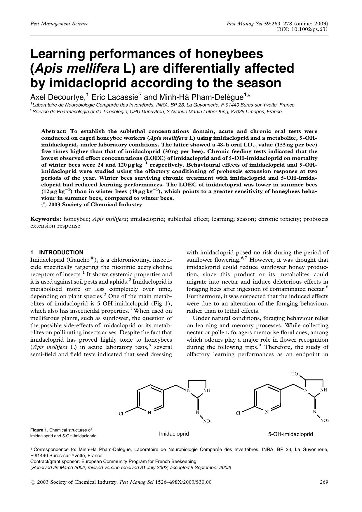 Learning performances of honeybees (Apis mellifera L) are differentially affected by imidacloprid according to the season by Unknown