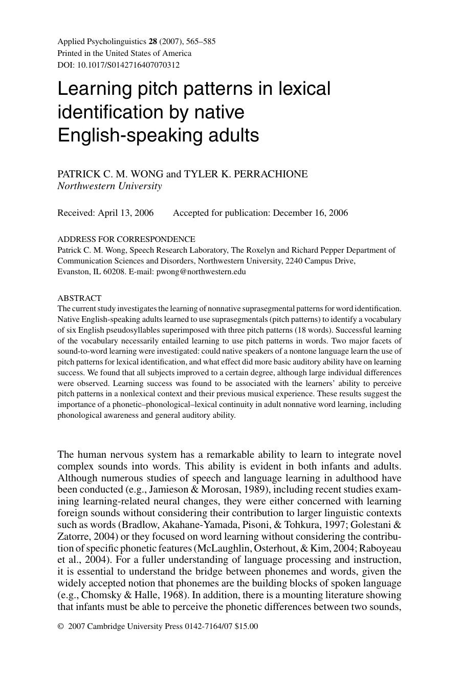 Learning pitch patterns in lexical identification by native English-speaking adults by Wong Patrick C.M. Perrachione Tyler K