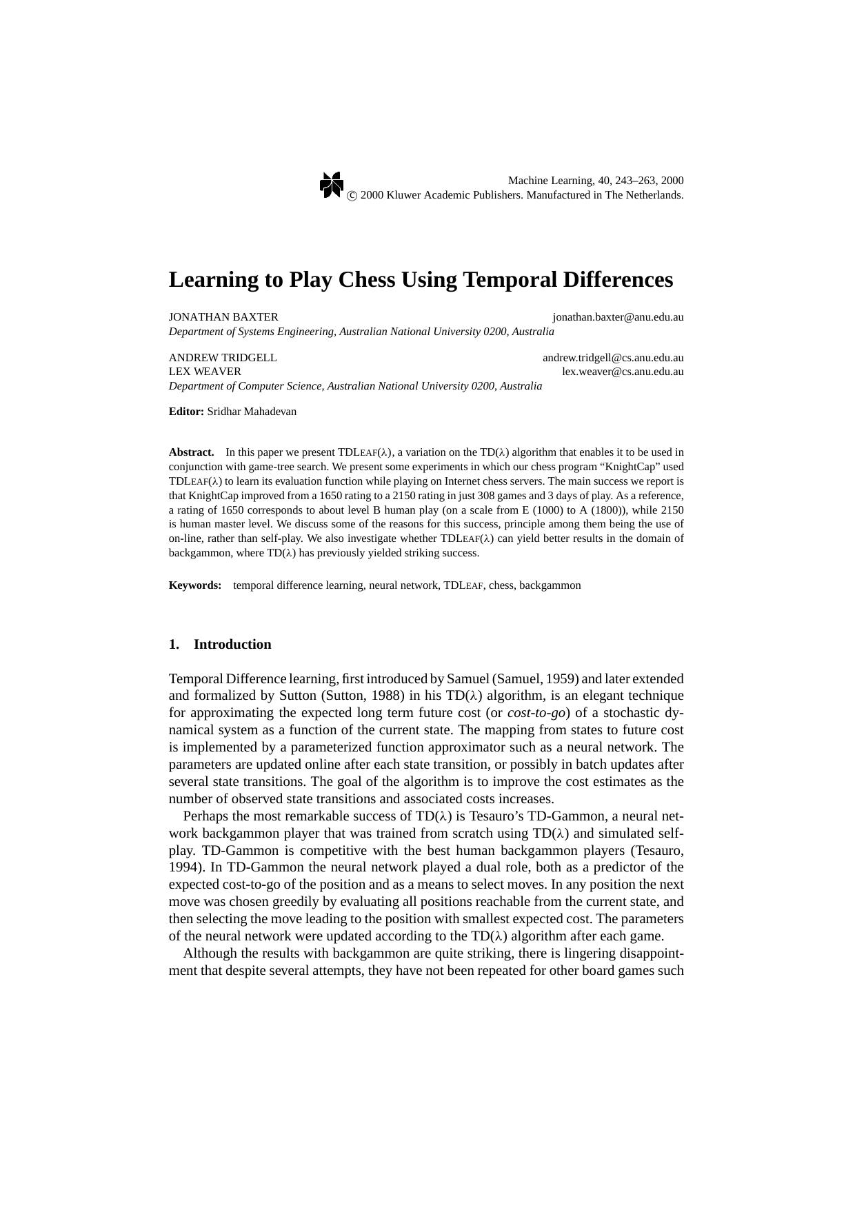Learning to Play Chess Using Temporal Differences by Learning to Play Chess Using Temporal Differences