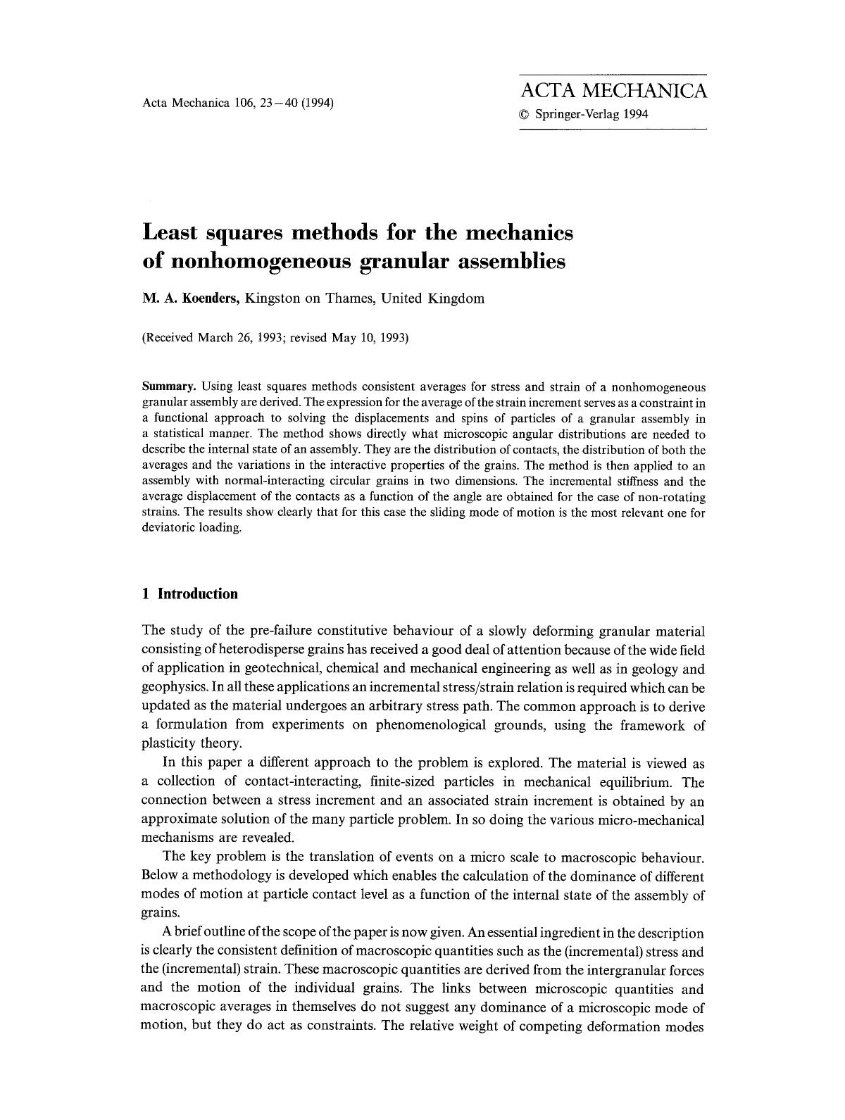 Least squares methods for the mechanics of nonhomogeneous granular assemblies by Unknown