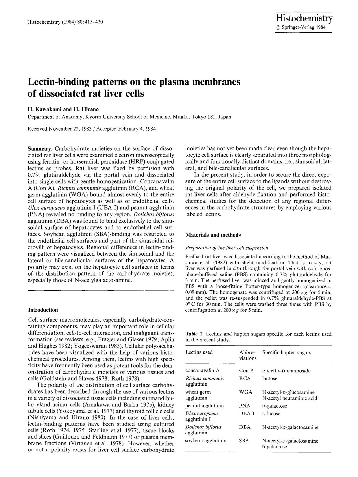 Lectin-binding patterns on the plasma membranes of dissociated rat liver cells by Unknown