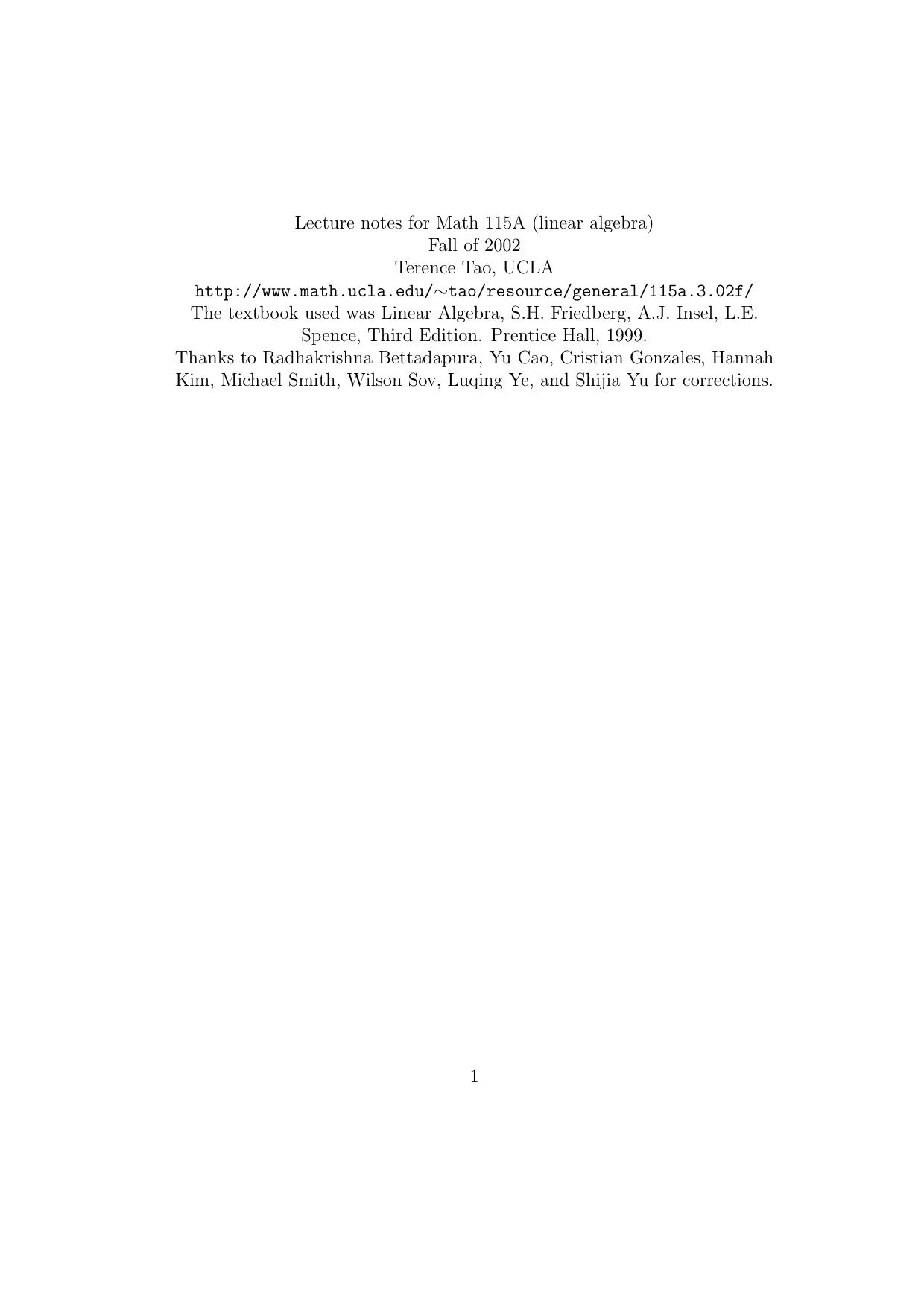 Lecture Notes for Math 115A (Linear Algebra) by Terence Tao