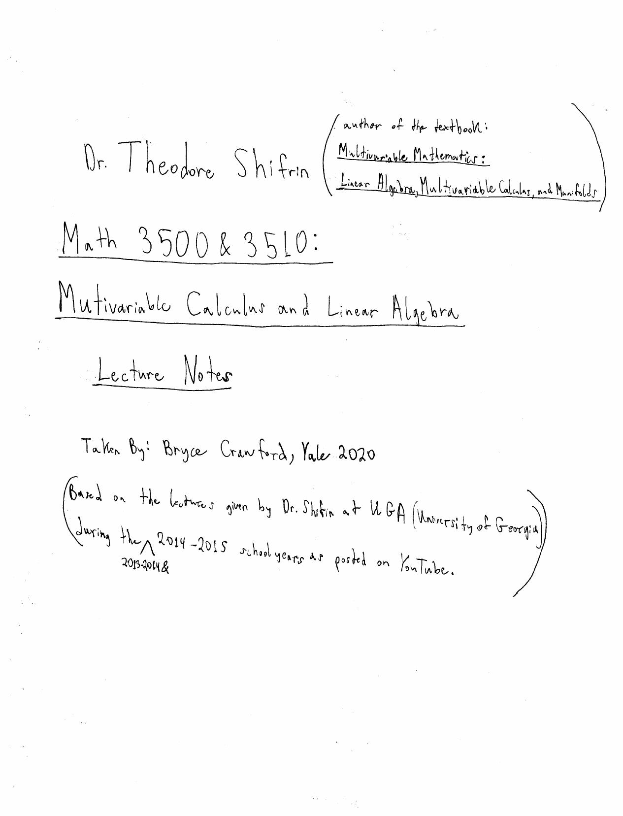 Lecture Notes for Multivariable Mathematics: MATH 3500 & 3510 by Theodore Shifrin