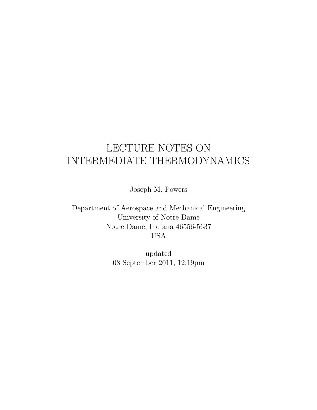 Lecture Notes on Intermediate Thermodynamics by Joseph M. Powers