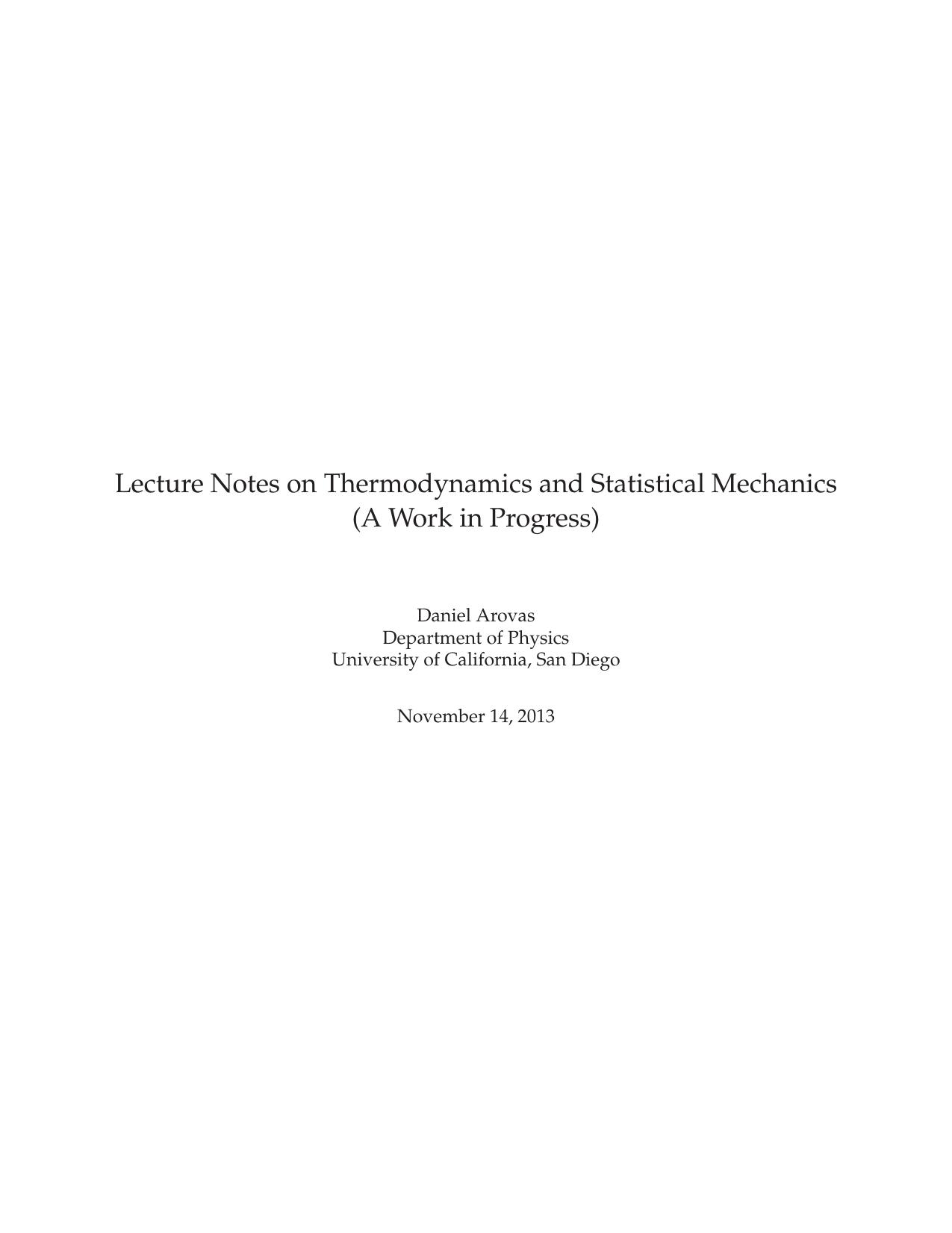 Lecture Notes on Thermodynamics and Statistical Mechanics by Arovas D