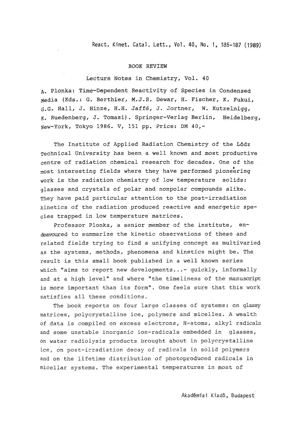 Lecture notes in chemistry, vol. 40 by Unknown