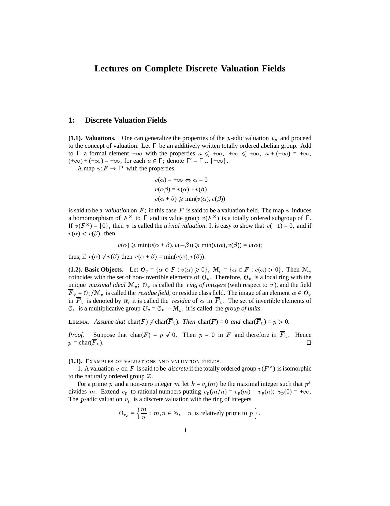 Lectures on Complete Discrete Valuation Fields by Ivan Fesenko