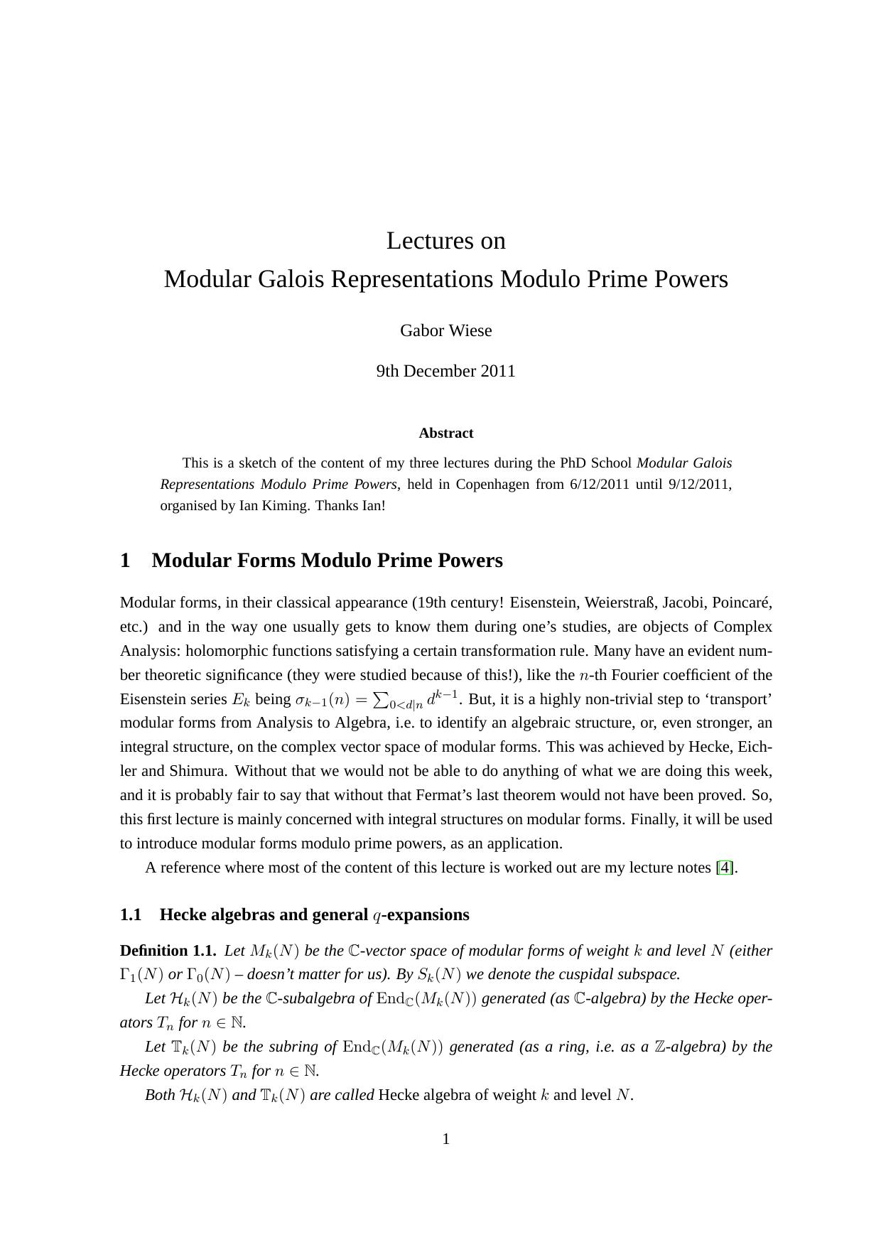 Lectures on Modular Galois Representations Modulo Prime Powers [Lecture notes] by Gabor Wiese