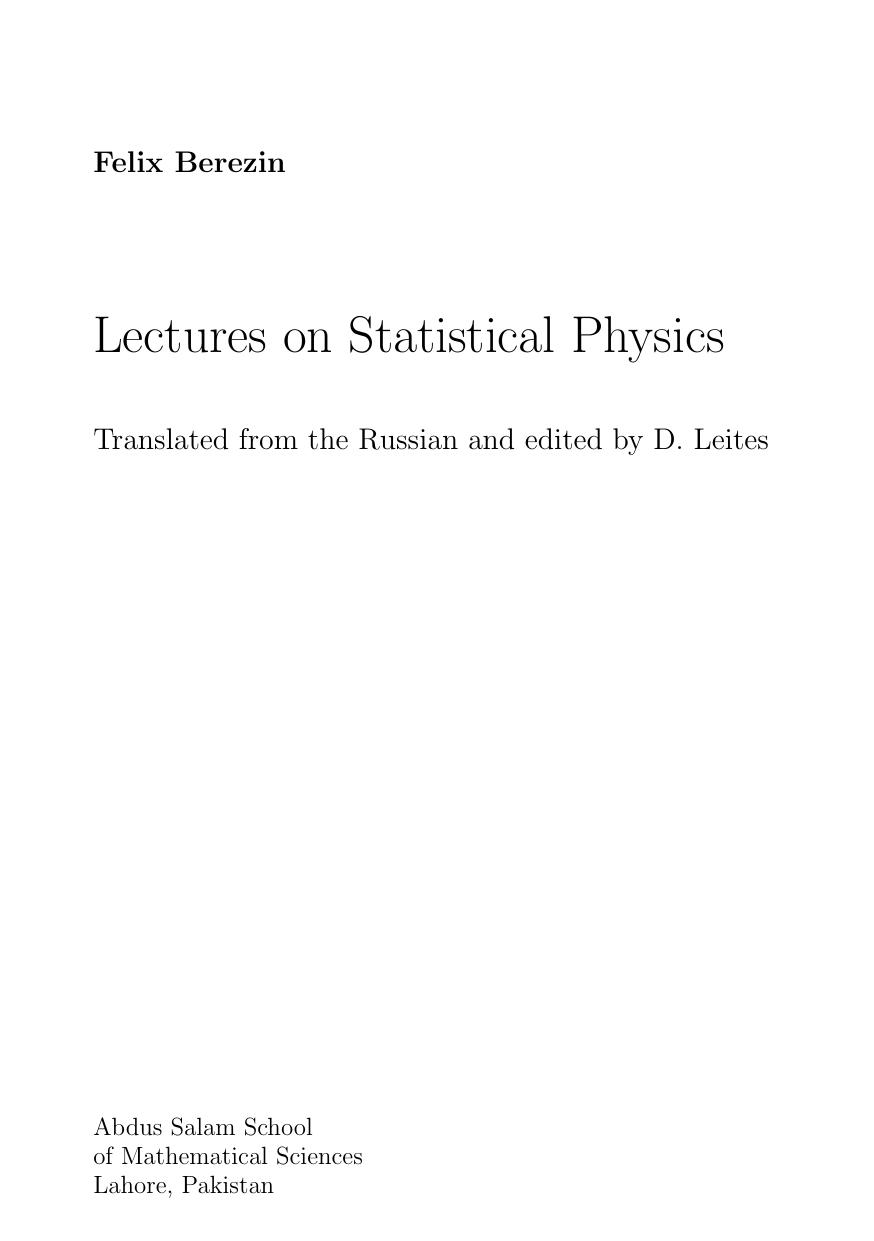 Lectures on Statistical Physics by Unknown
