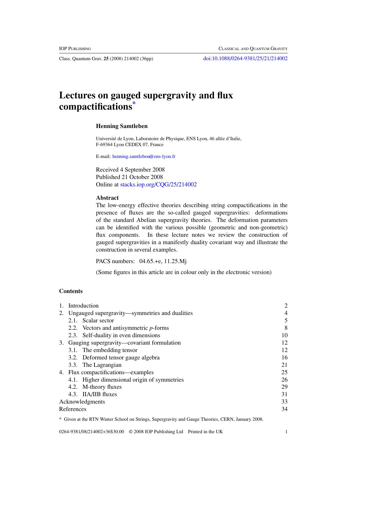 Lectures on gauged supergravity and flux compactifications by H Samtleben