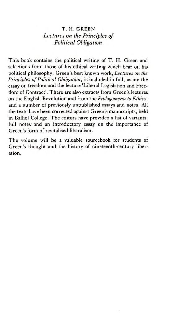 Lectures on the Principles of Political Obligation and other writings by T. H. Green Paul Harris (ed.) John Morrow (ed.)