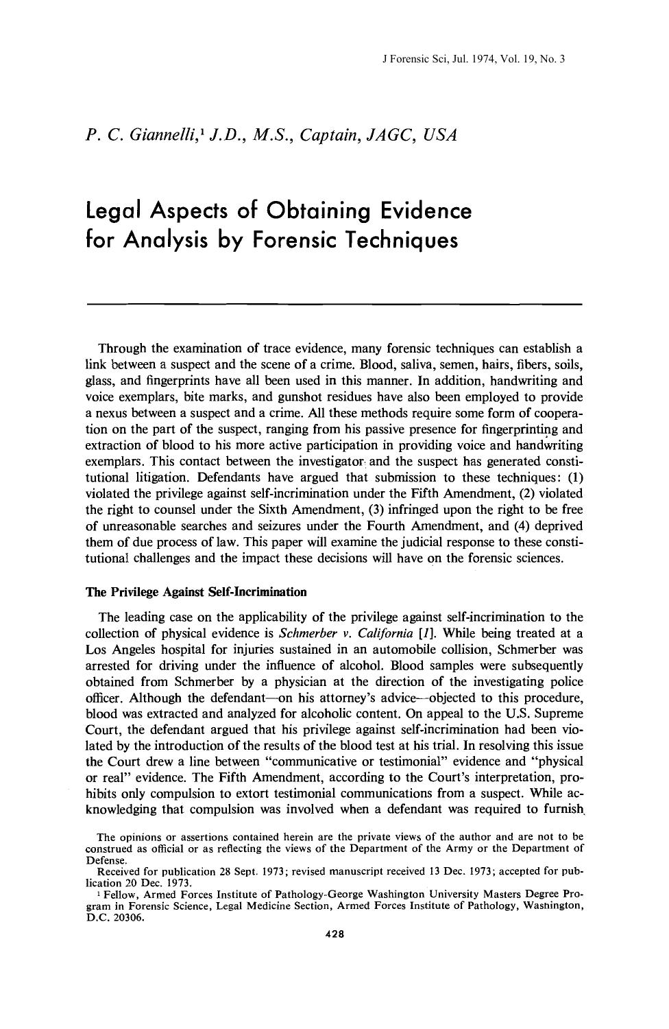 Legal Aspects of Obtaining Evidence for Analysis by Forensic Techniques by Giannelli PC