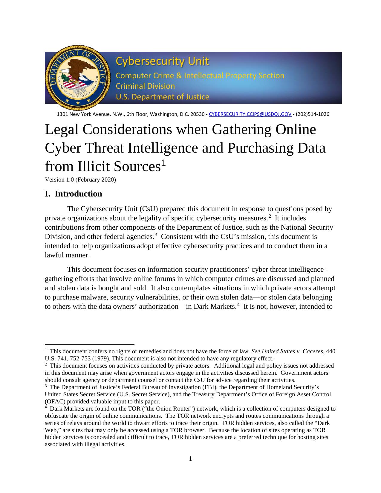 Legal Considerations when Gathering Online Cyber Threat Intelligence and Purchasing Data from Illicit Sources by US Department of Justice