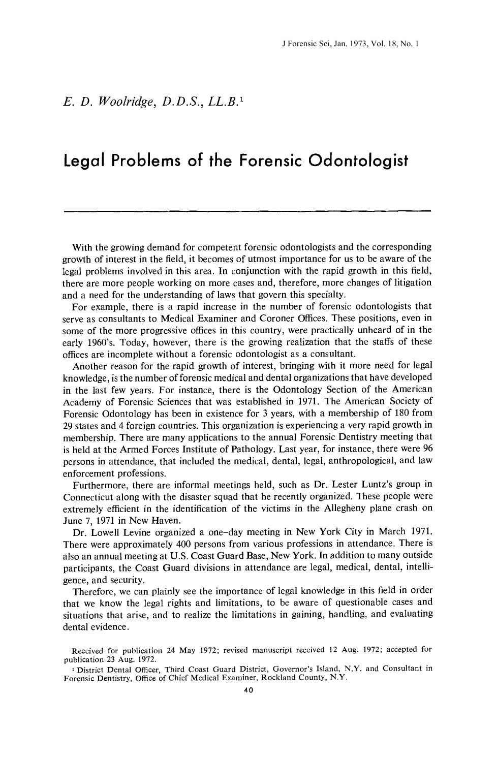 Legal Problems of the Forensic Odontologist by Woolridge ED