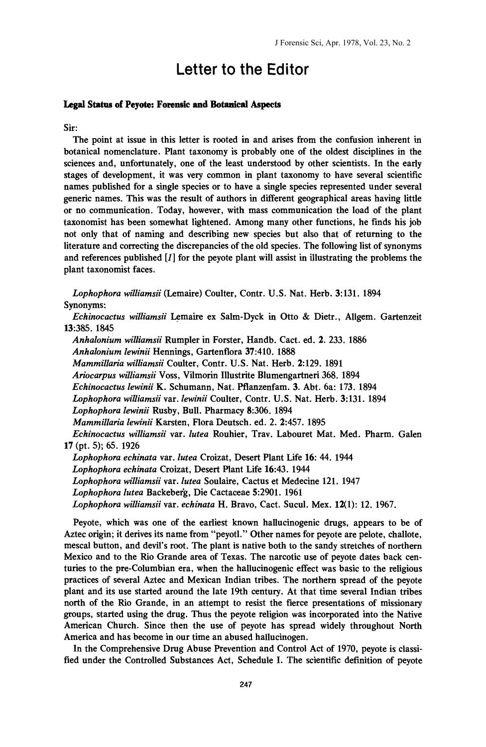 Legal Status of Peyote: Forensic and Botanical Aspects by Chao J-m