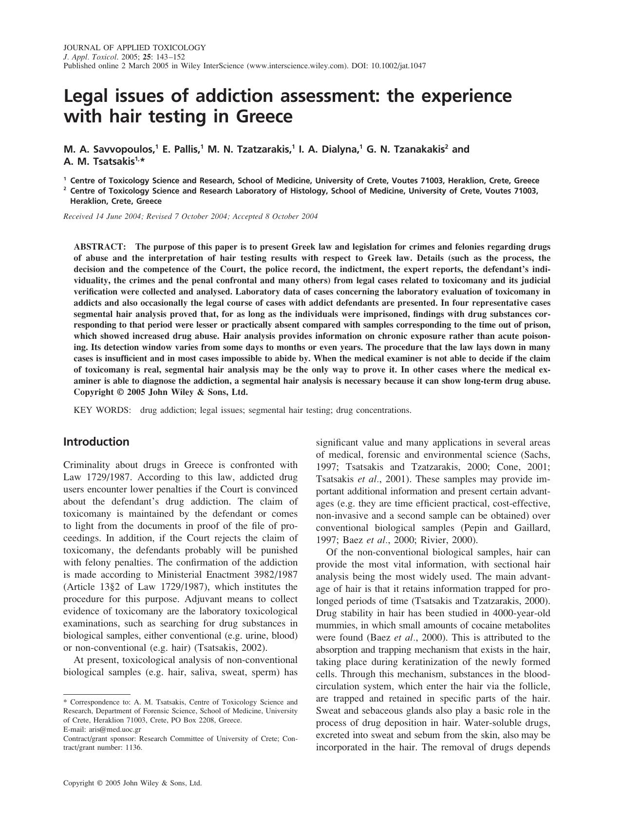 Legal issues of addiction assessment: the experience with hair testing in Greece by Fuht