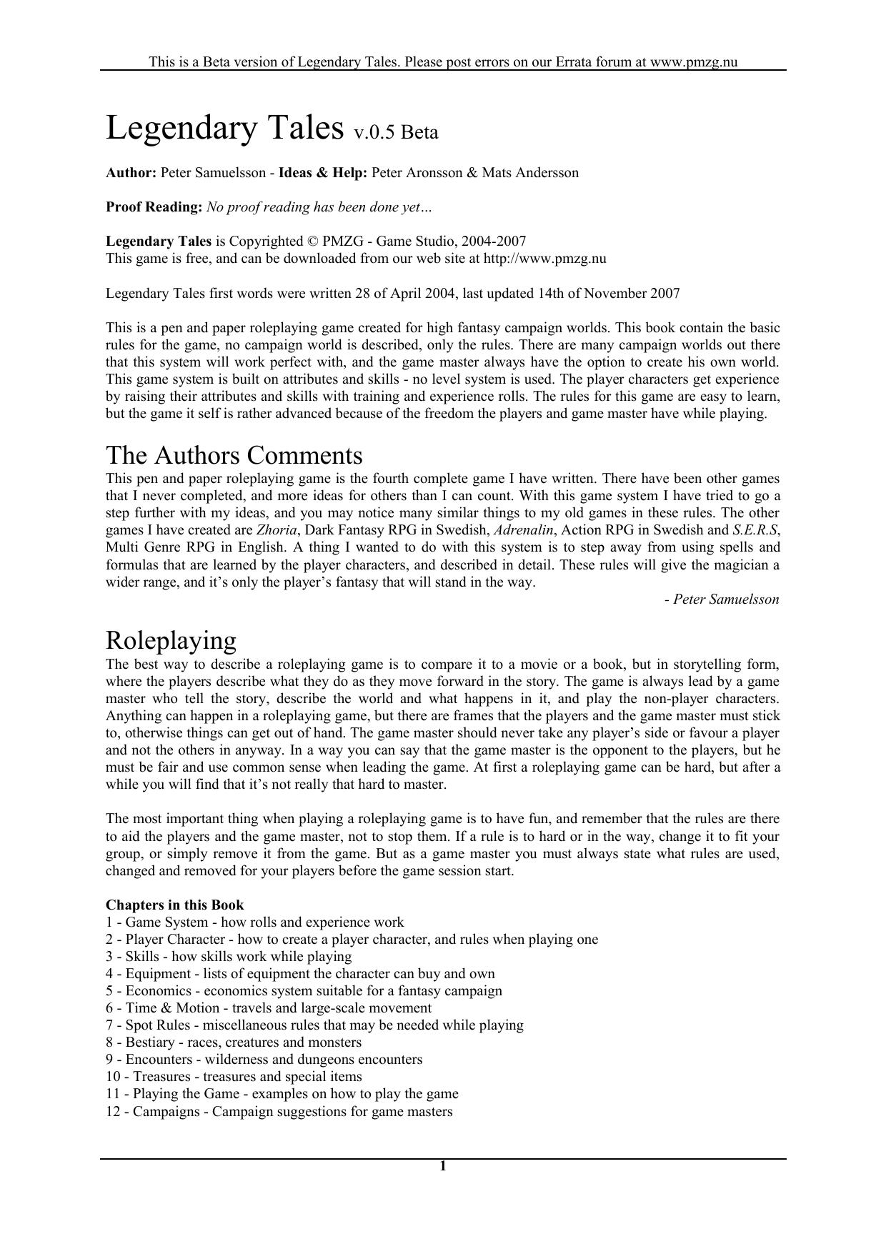 Legendary Tales Corebook by Unknown