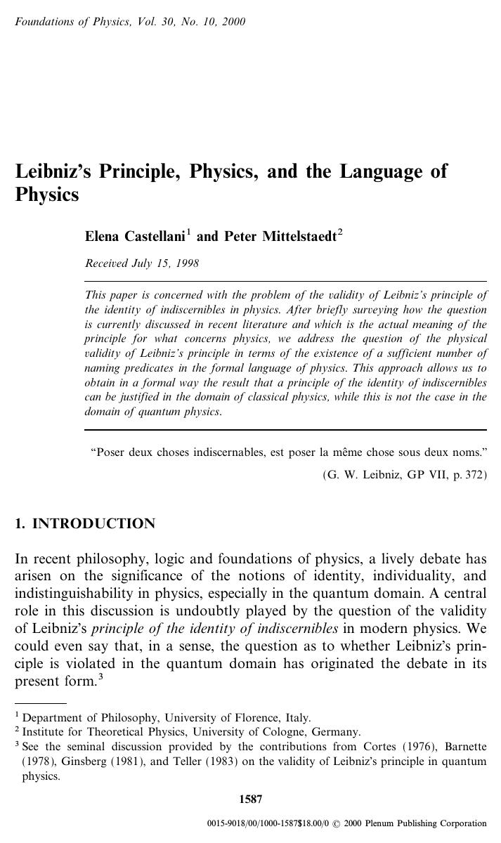 Leibniz's Principle, Physics, and the Language of Physics by Unknown