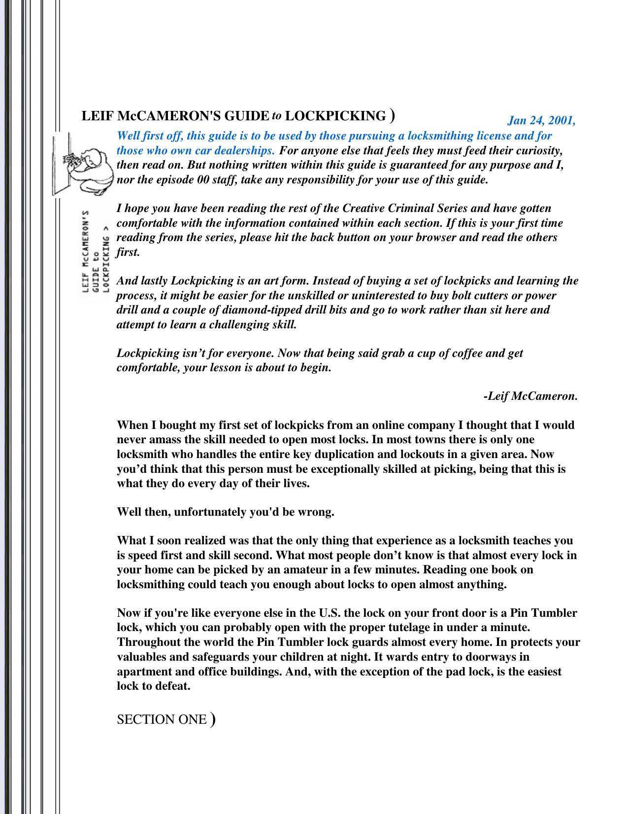 Leif McCameron's Guide to Lockpicking by Administrator