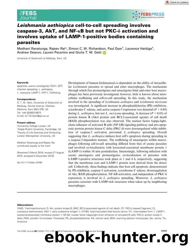 Leishmania aethiopica cellâtoâcell spreading involves caspaseâ3, AkT, and NFâÎºB but not PKCâÎ´ activation and involves uptake of LAMPâ1âpositive bodies containing parasites by Unknown