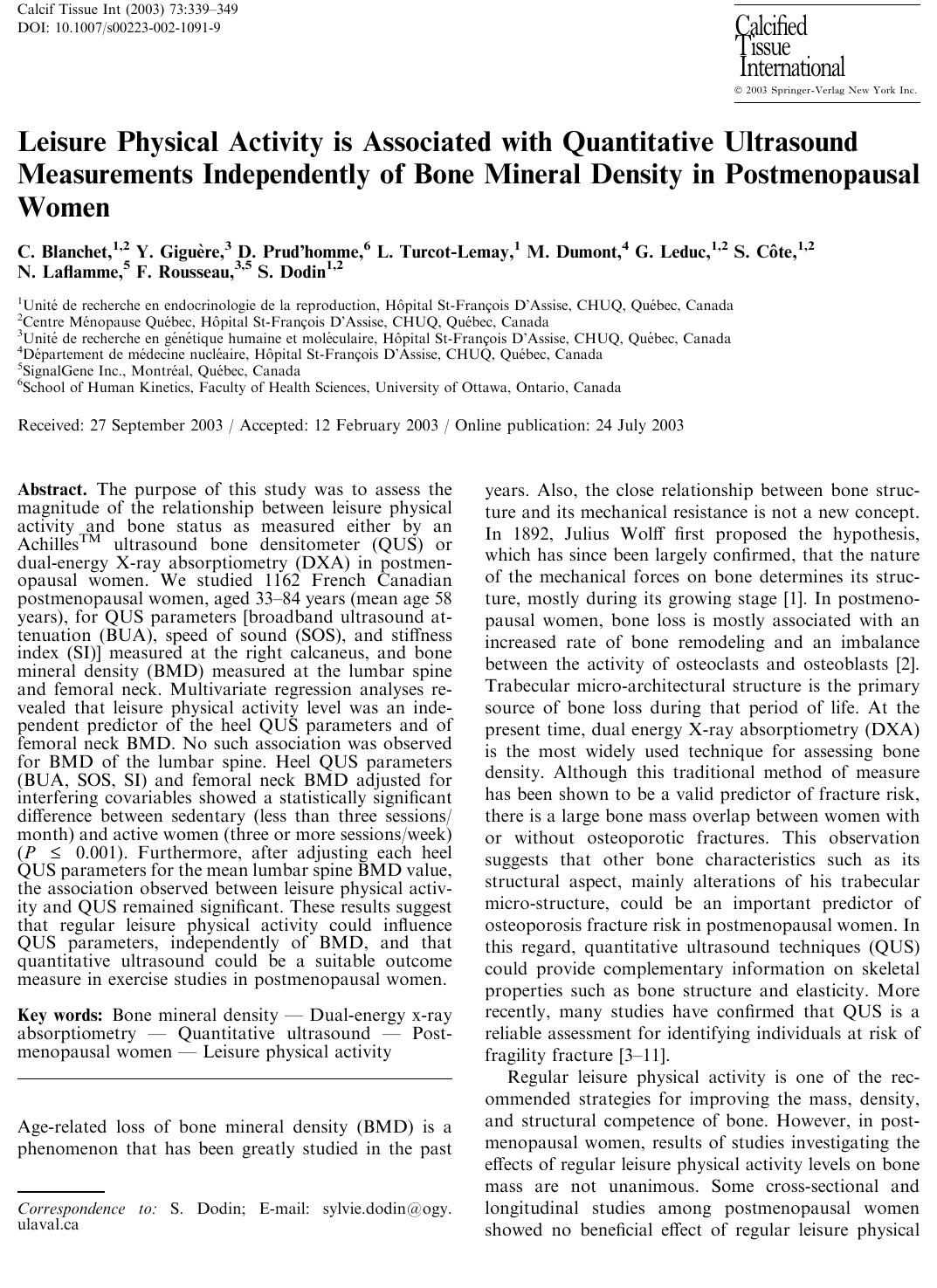 Leisure Physical Activity is Associated with Quantitative Ultrasound Measurements Independently of Bone Mineral Density in Postmenopausal Women by Blanchet C. et al