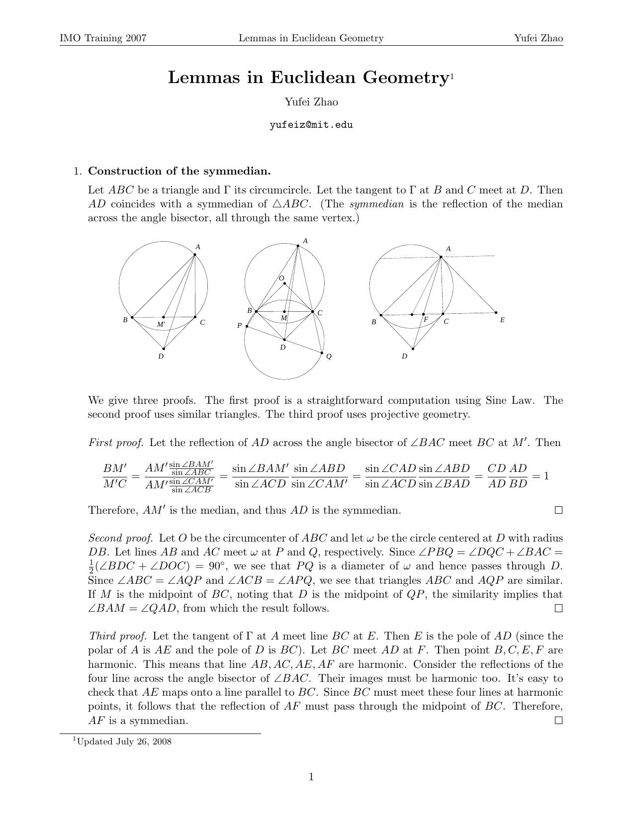 Lemmas in Euclidean geometry by Yufei Z