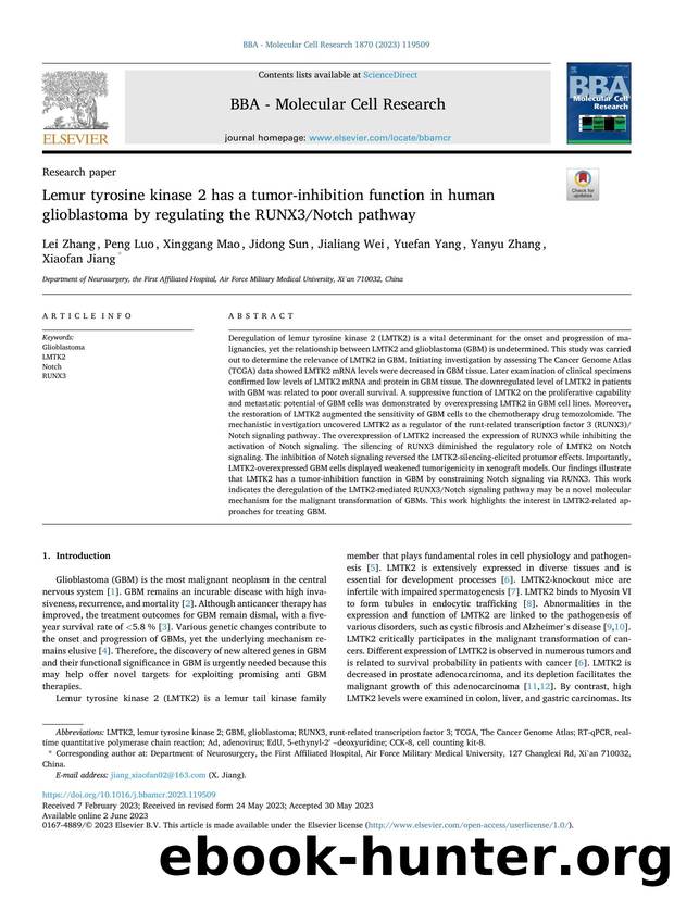 Lemur tyrosine kinase 2 has a tumor-inhibition function in human glioblastoma by regulating the RUNX3Notch pathway by unknow
