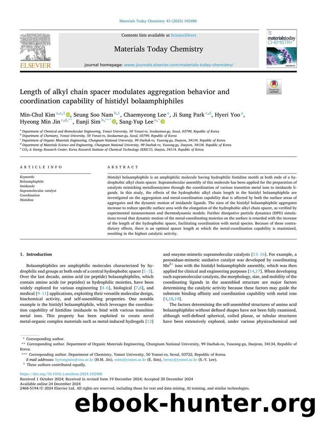 Length of alkyl chain spacer modulates aggregation behavior and coordination capability of histidyl bolaamphiphiles by Min-Chul Kim