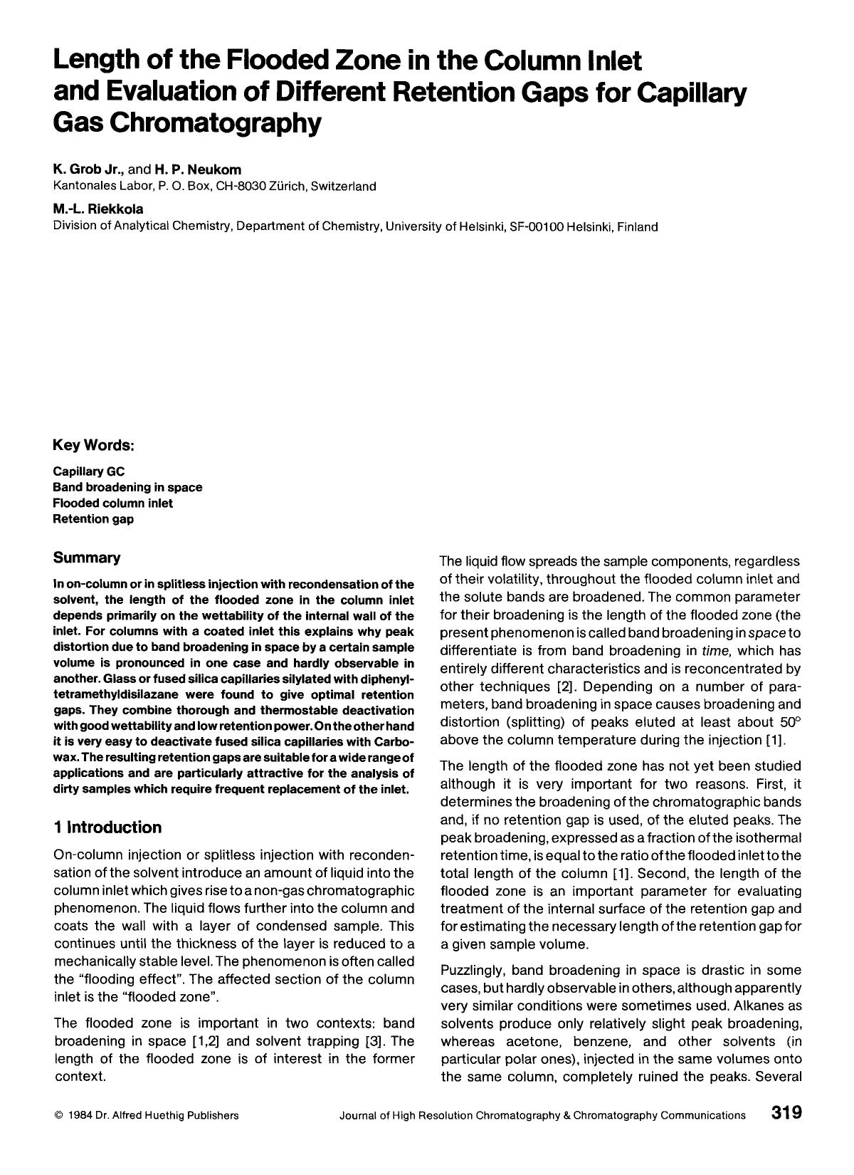 Length of the flooded zone in the column inlet and evaluation of different retention gaps for capillary gas chromatography by Unknown