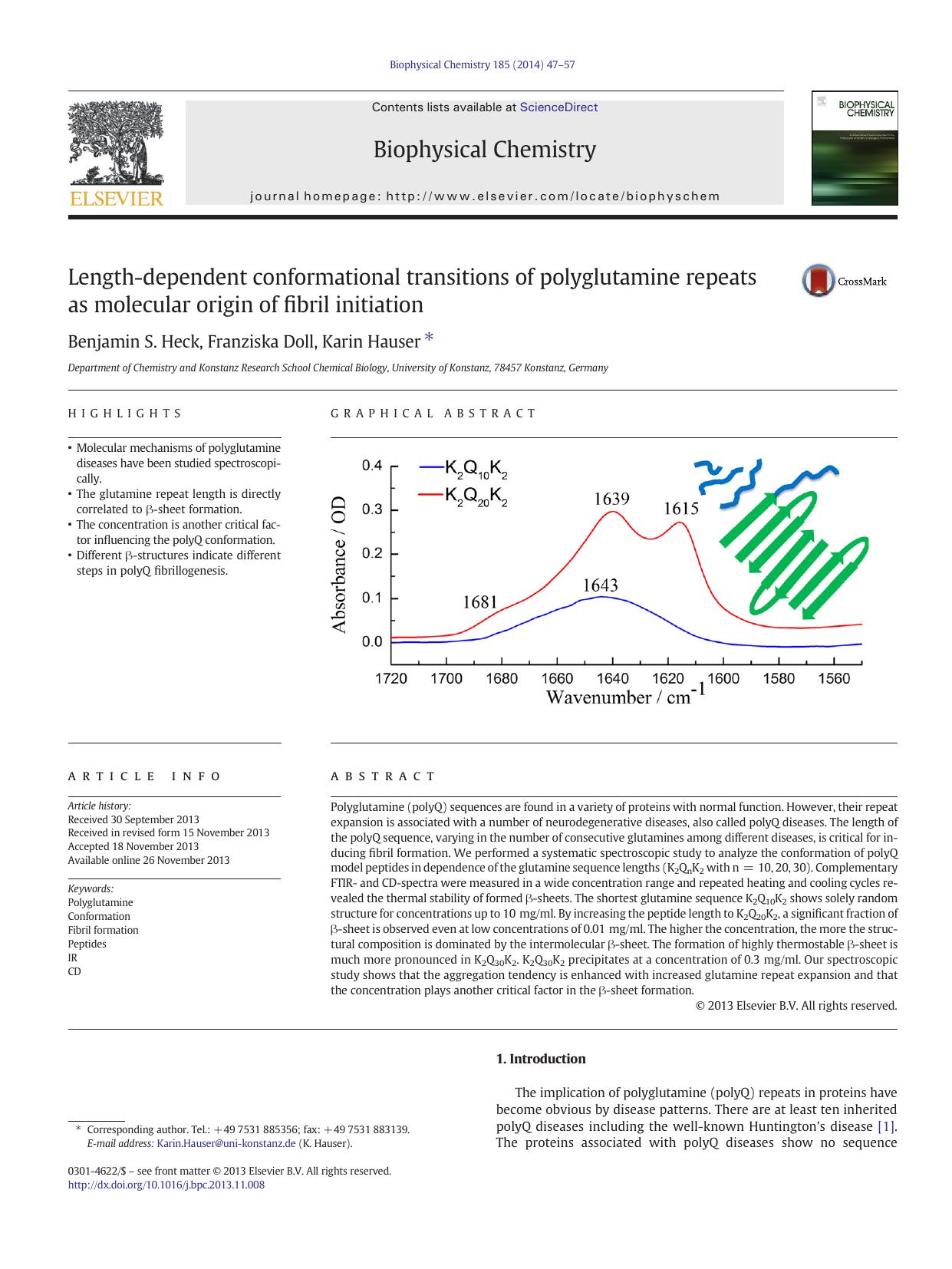 Length-dependent conformational transitions of polyglutamine repeats as molecular origin of fibril initiation by Benjamin S. Heck & Franziska Doll & Karin Hauser