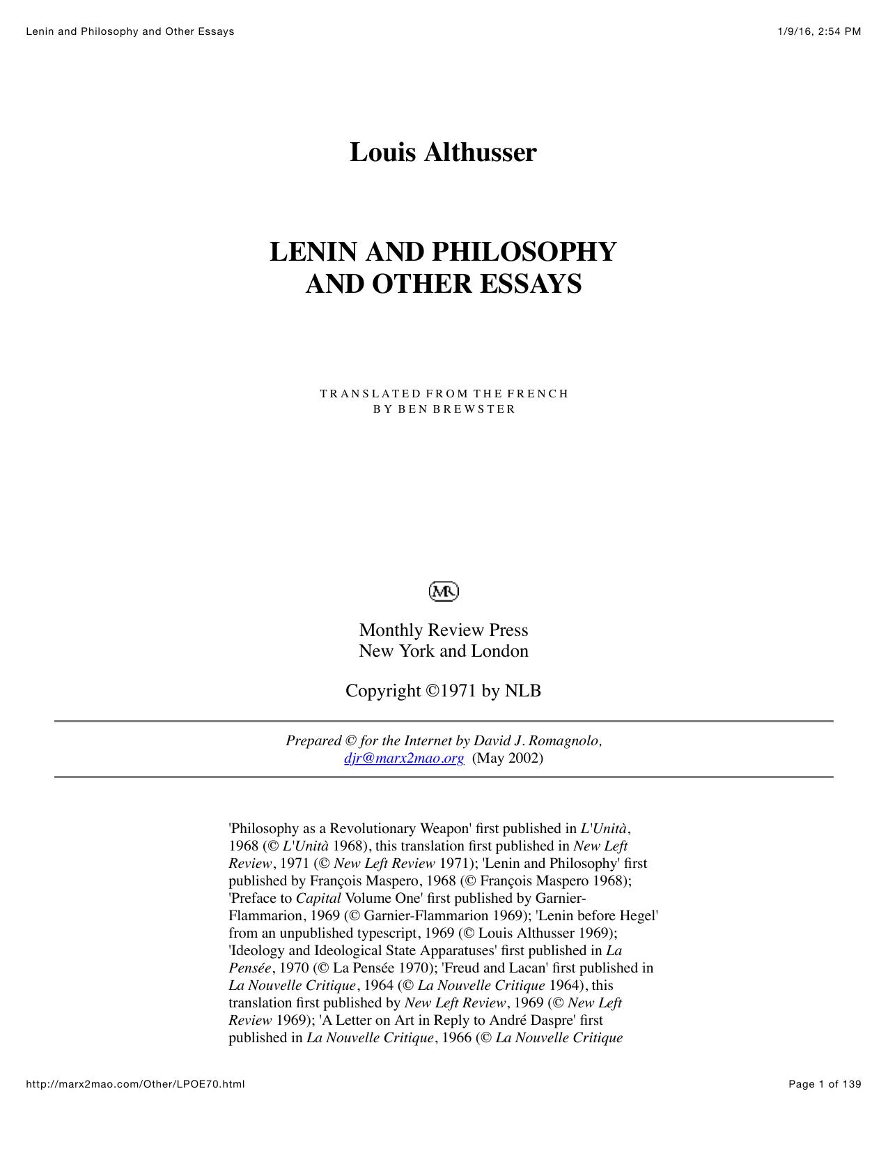 Lenin and Philosophy and Other Essays by Lenin & Philosophy